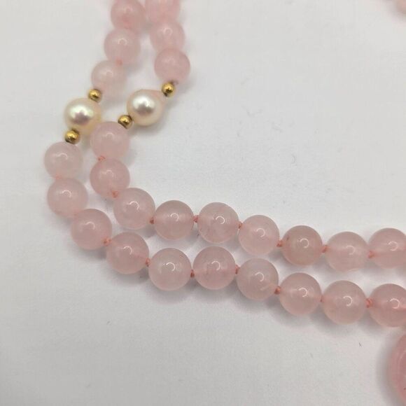 Vintage Pink Rose Quartz Beaded Necklace Heart Pendant 14K Gold Accents Pearls 1 - Picture 3 of 4